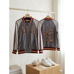 Chelsea & Violet Embroidered Satin Floral Bomber Jacket XS